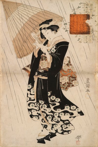 Die Dichterin Ono-no Komachi im Regen von Toyokuni II